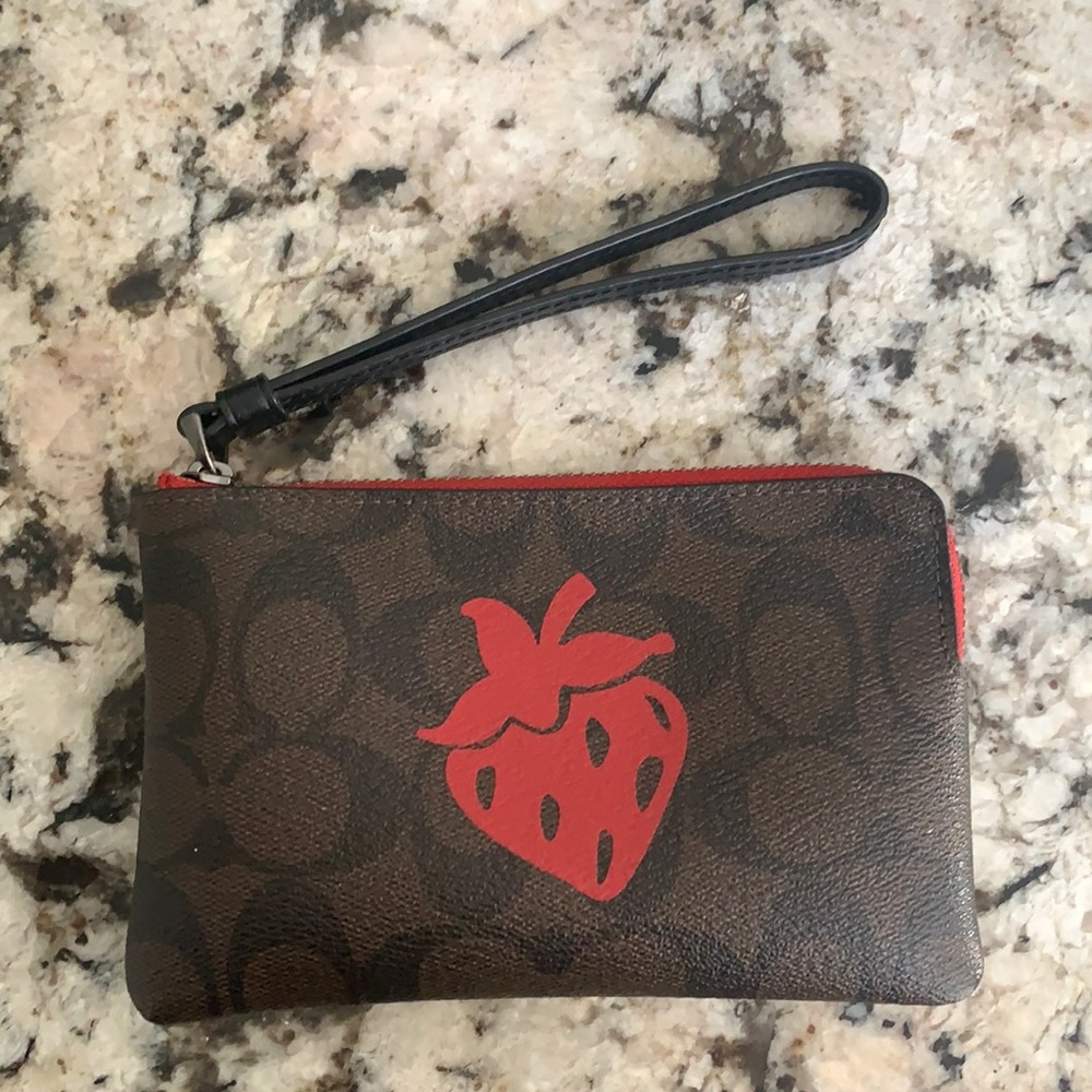 Authentic coach corner zip wristlet- signature canvas with strawberry print